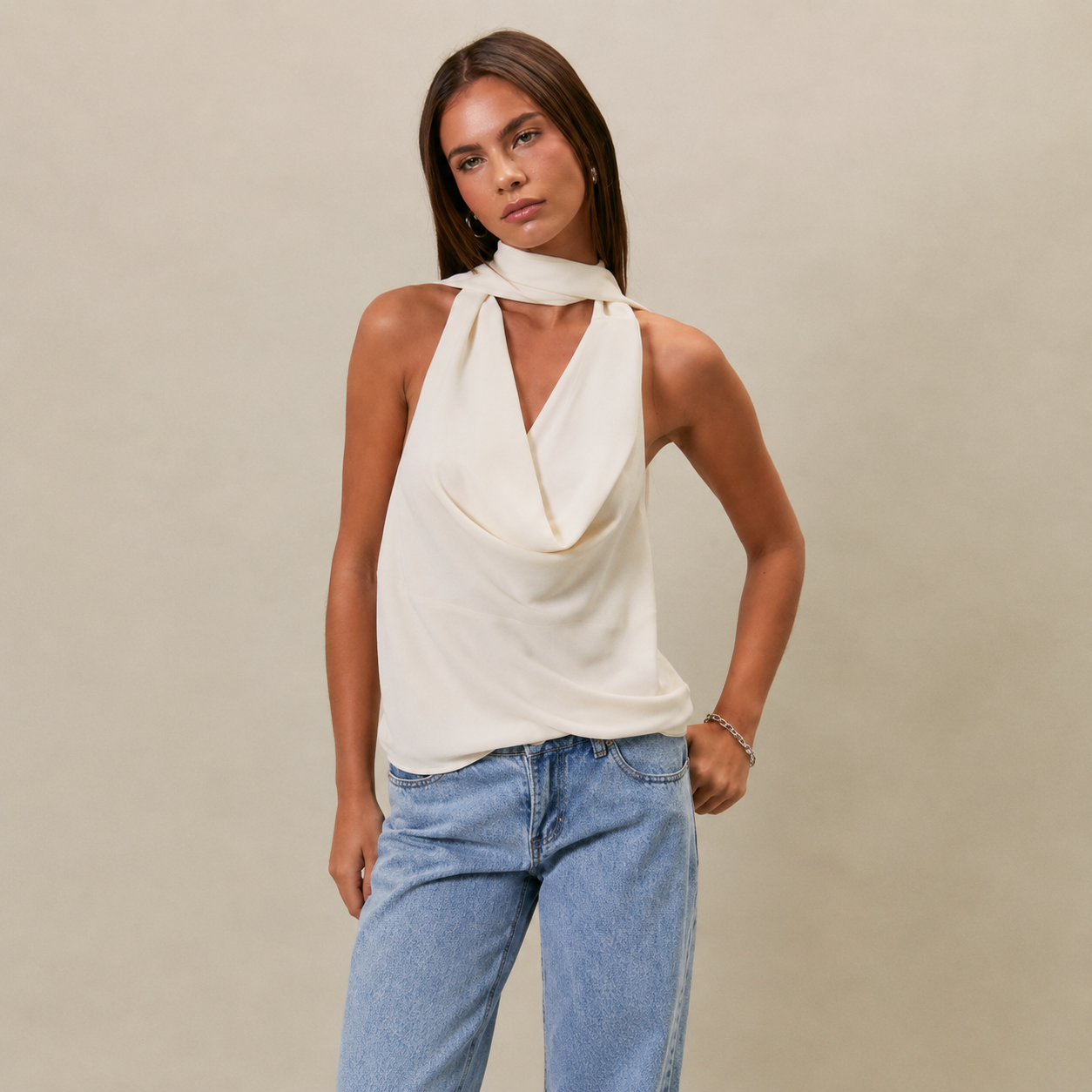 Cowl Neck Top With Attached Scarf