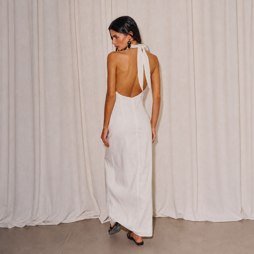 Woven Linen Criss Cross Halter Neck Long Dress