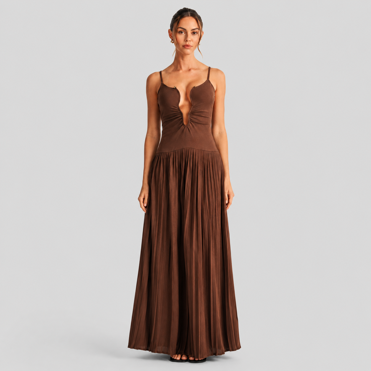 Stretch Knit Cutout Pleated Maxi Dress