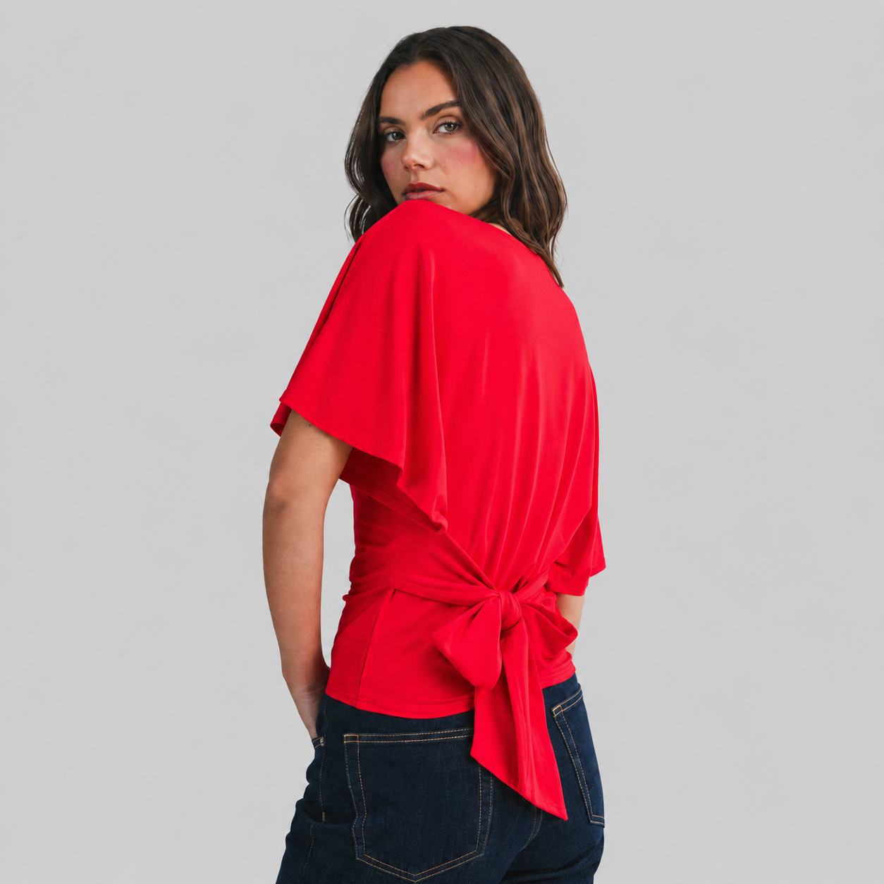 Draped Short Sleeve Back Tie Top