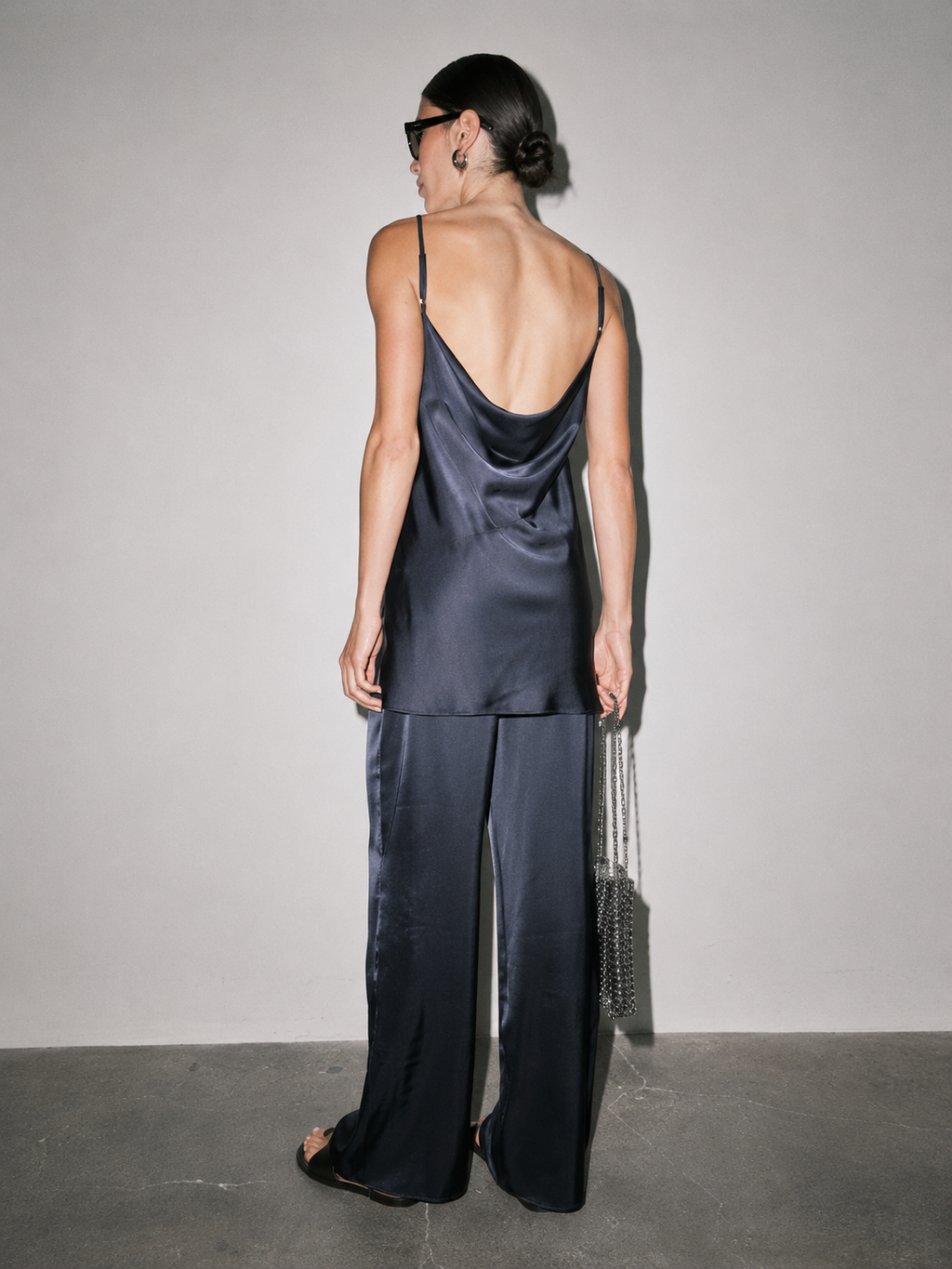 Satin Cowl Neck Cami Wide Leg Pant Set