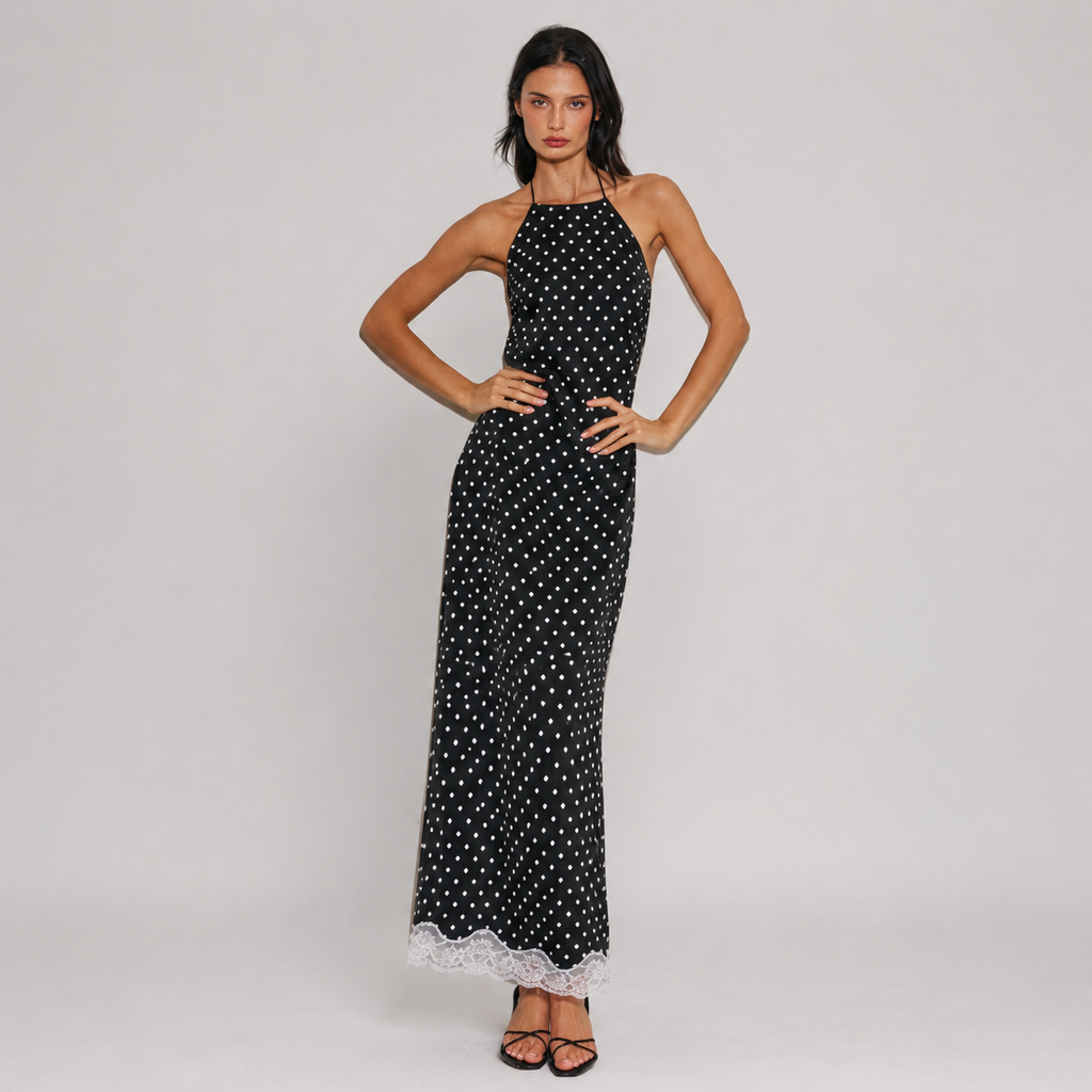 Woven Polka Dot Lace-trimed Maxi Dress