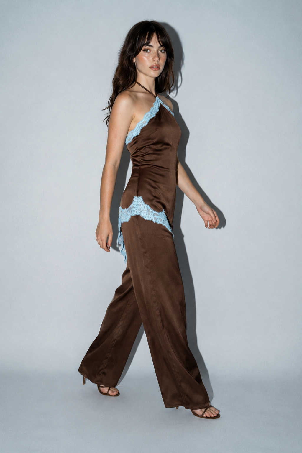 Contrast Lace Trim Satin Halter Jumpsuit
