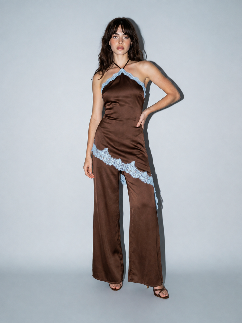 Contrast Lace Trim Satin Halter Jumpsuit