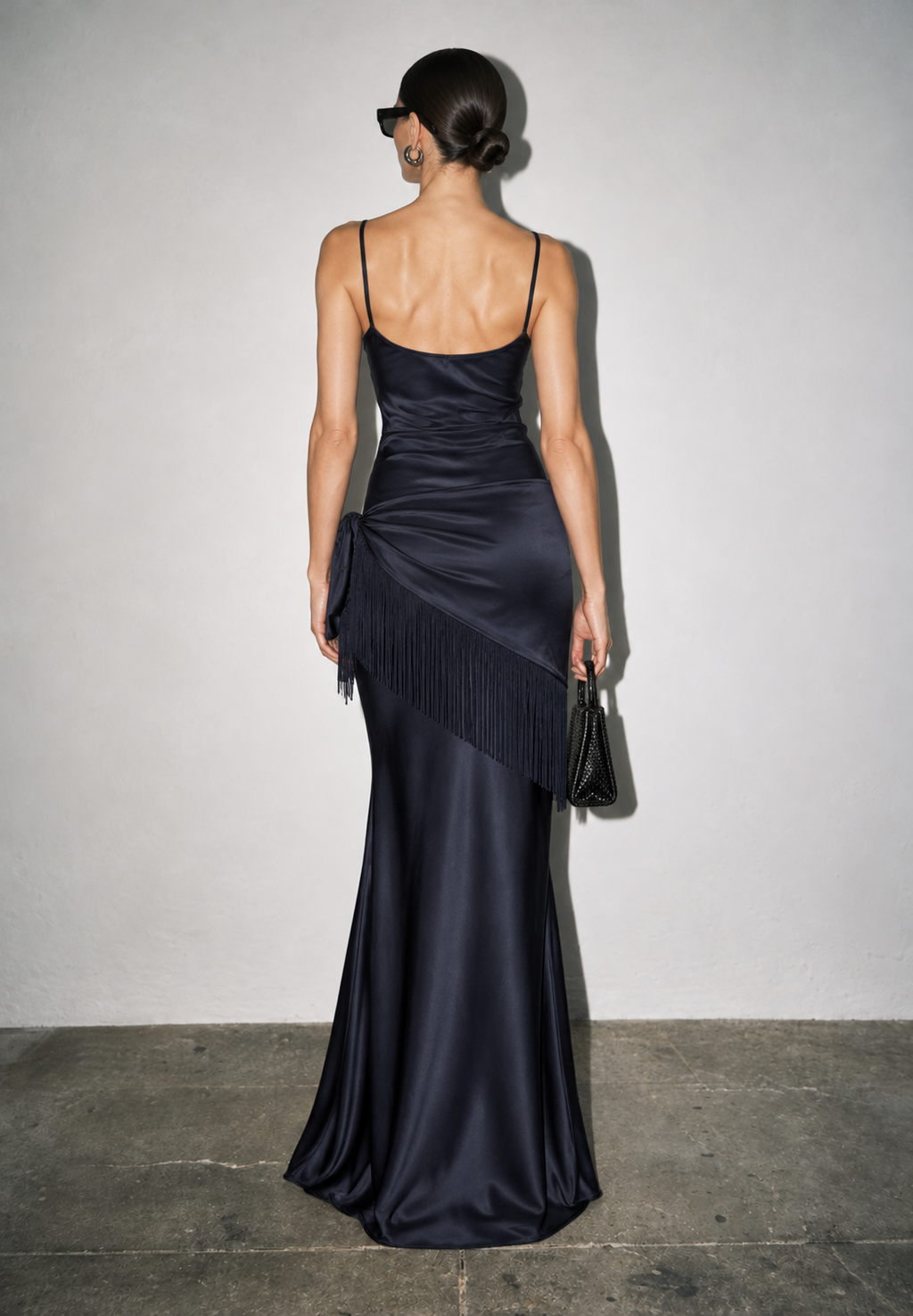 Satin Fringe Sash Slip Maxi Dress