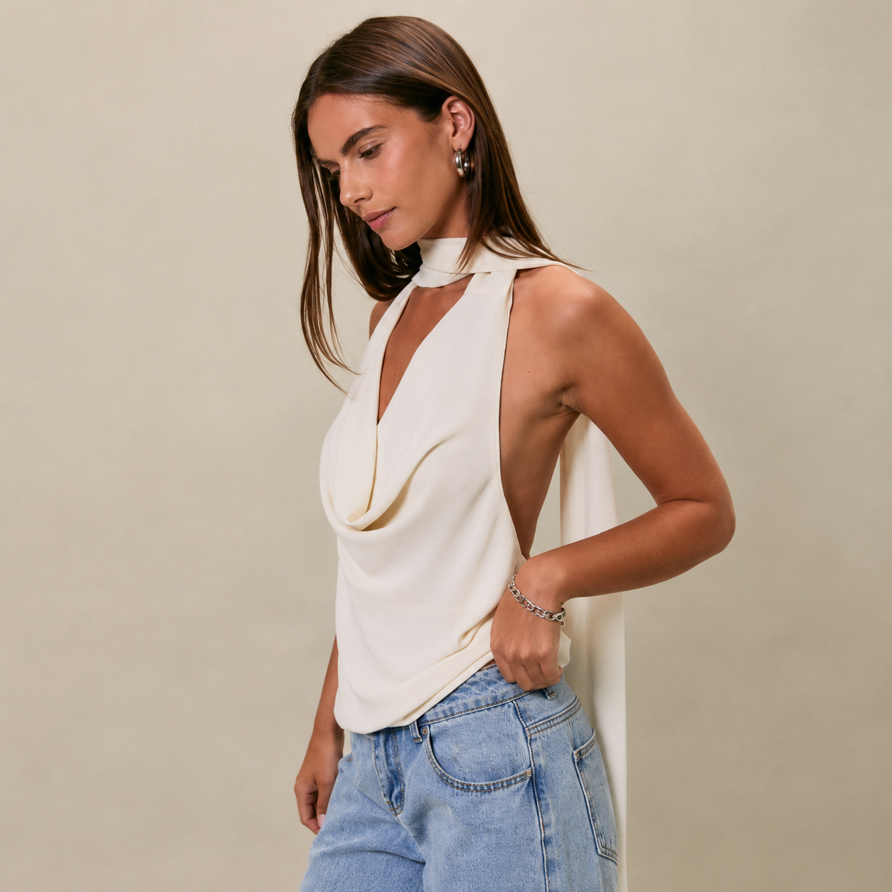 Cowl Neck Top With Attached Scarf