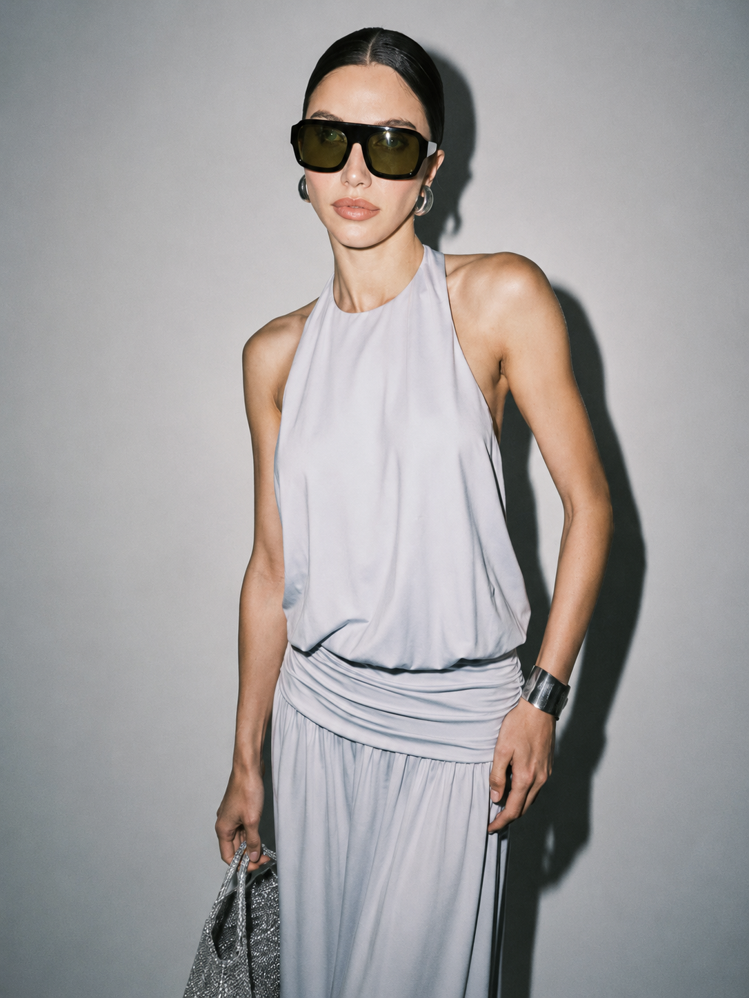 Halter Ruched Waist Blouson Maxi Dress