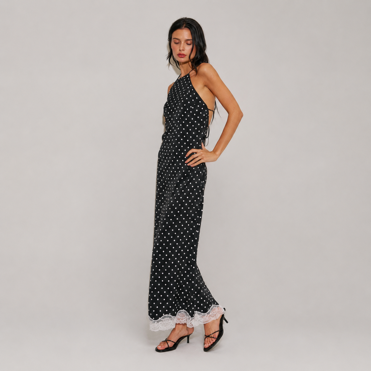 Woven Polka Dot Lace-trimed Maxi Dress