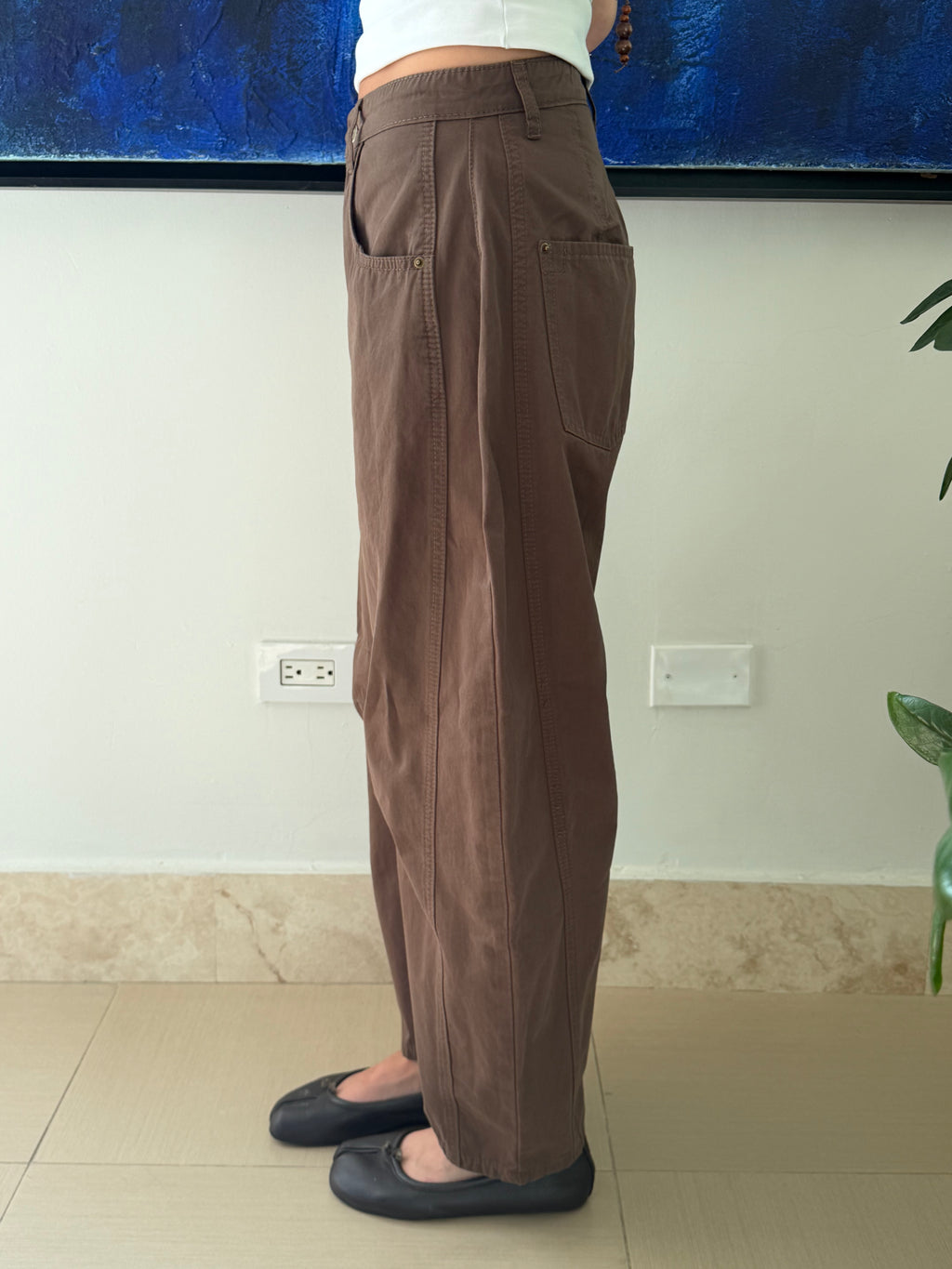 Cotton Wide Leg Barrel Pant (Brown)