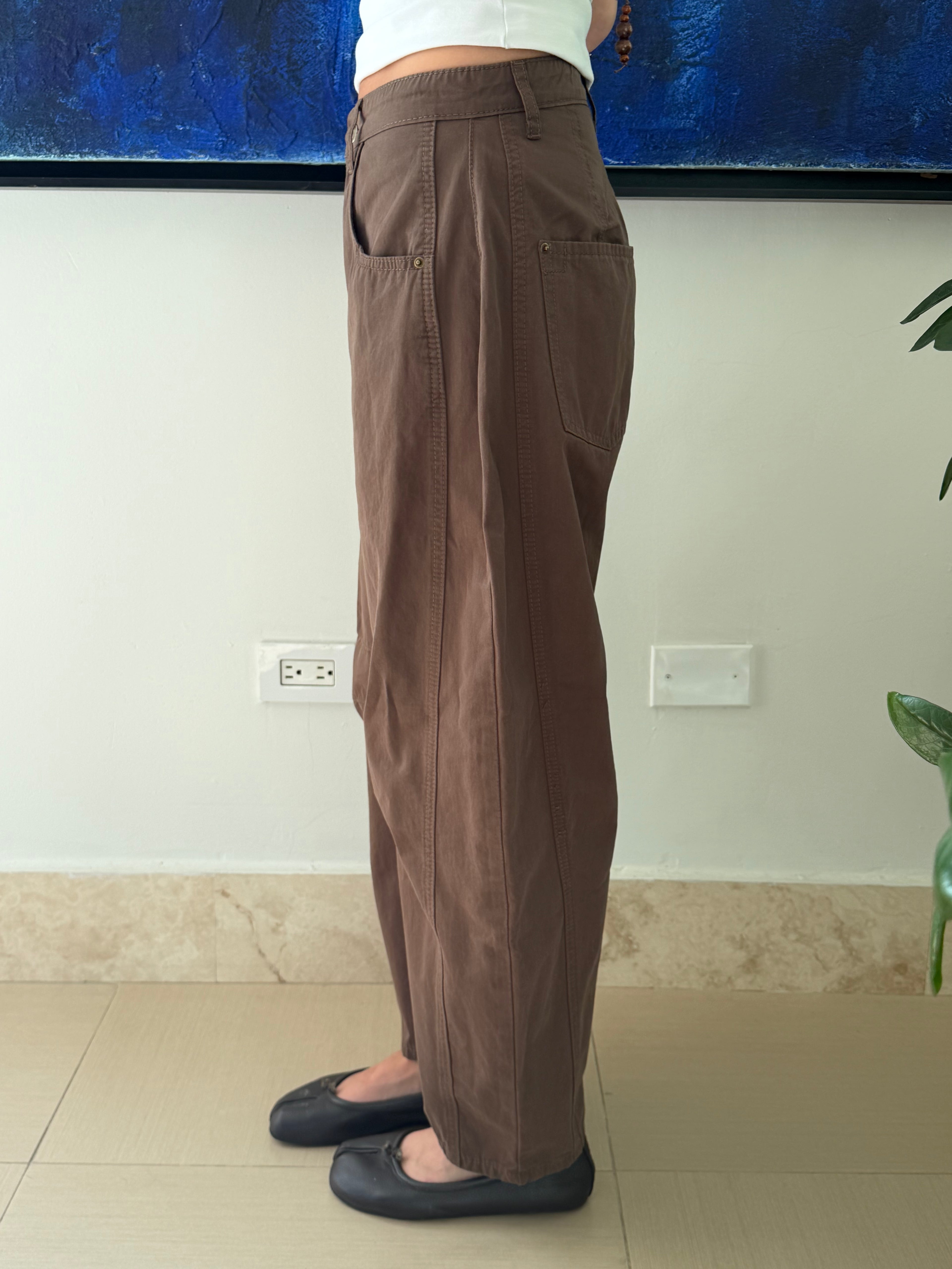 Cotton Wide Leg Barrel Pant (Brown)