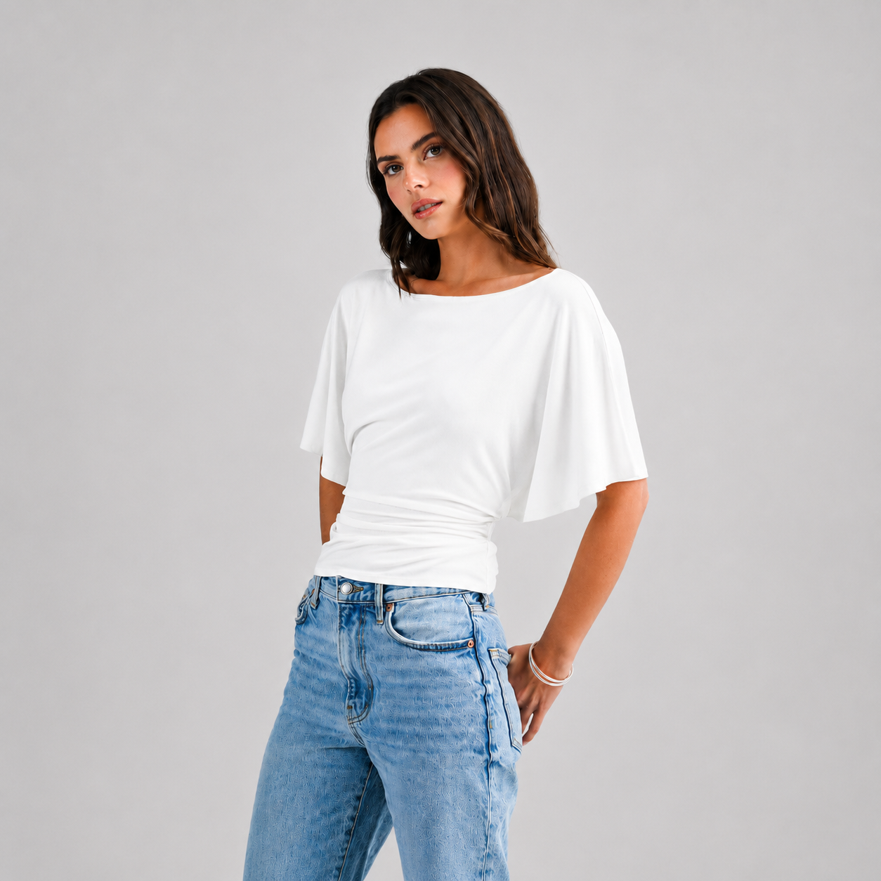 Draped Short Sleeve Back Tie Top