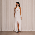 Woven Linen Criss Cross Halter Neck Long Dress