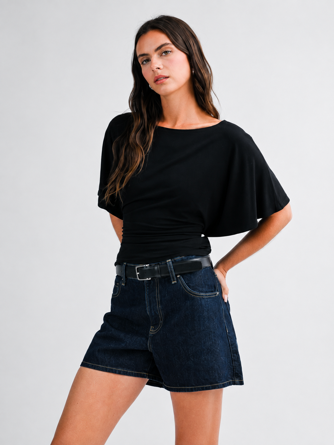 Draped Short Sleeve Back Tie Top