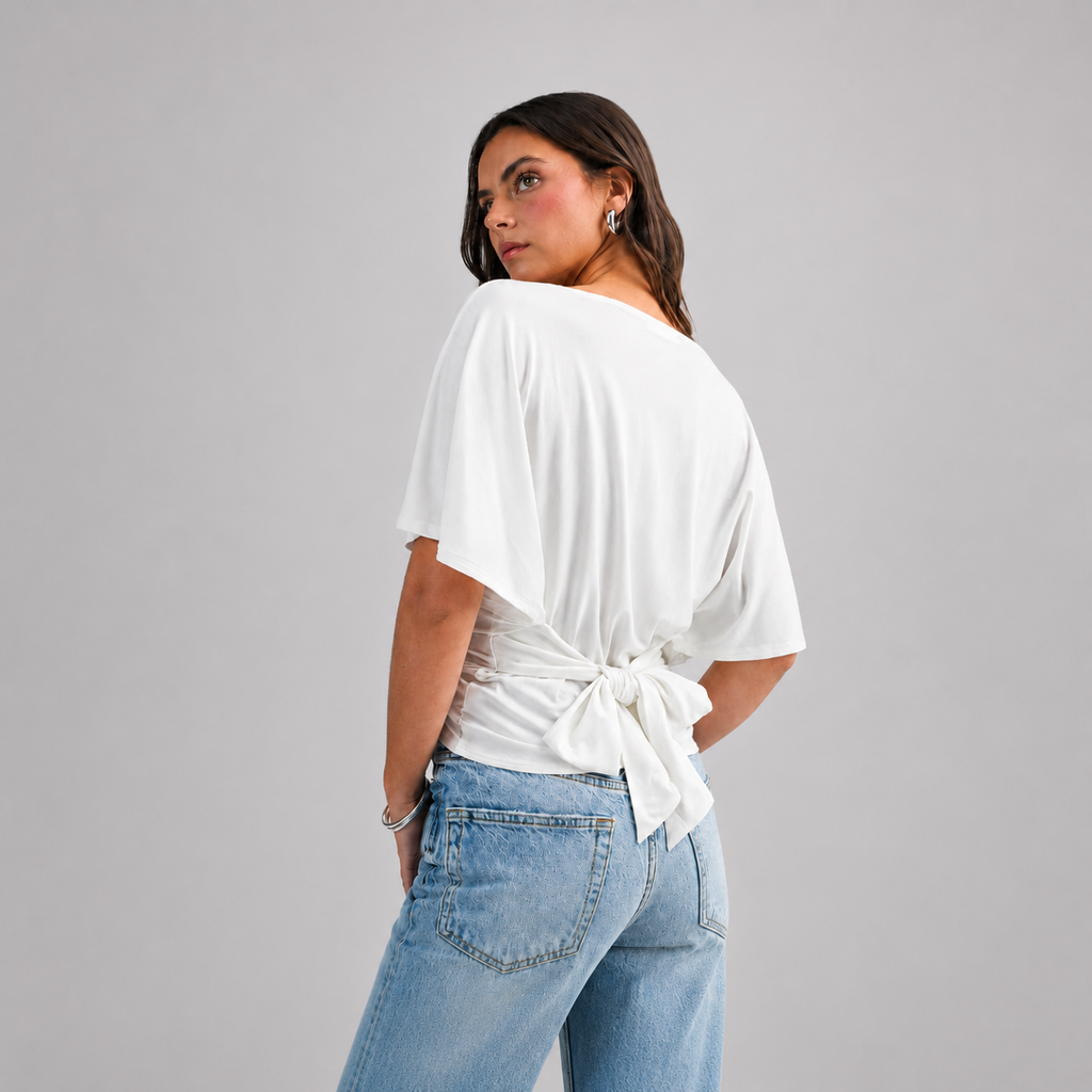 Draped Short Sleeve Back Tie Top